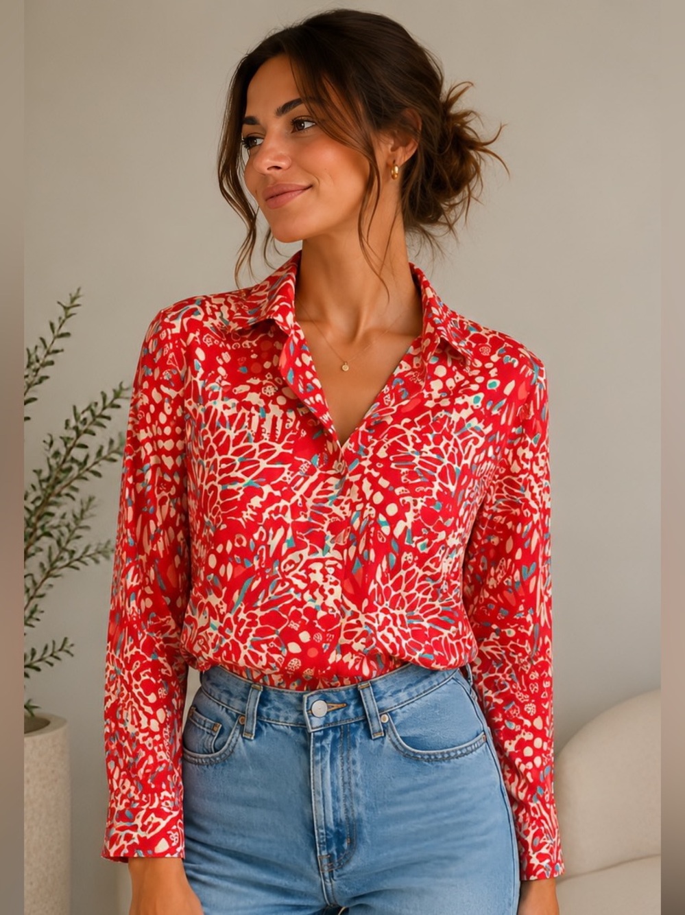 100% Silk Art Print Blouse Coral Pink Botanical Button Front Top Size S